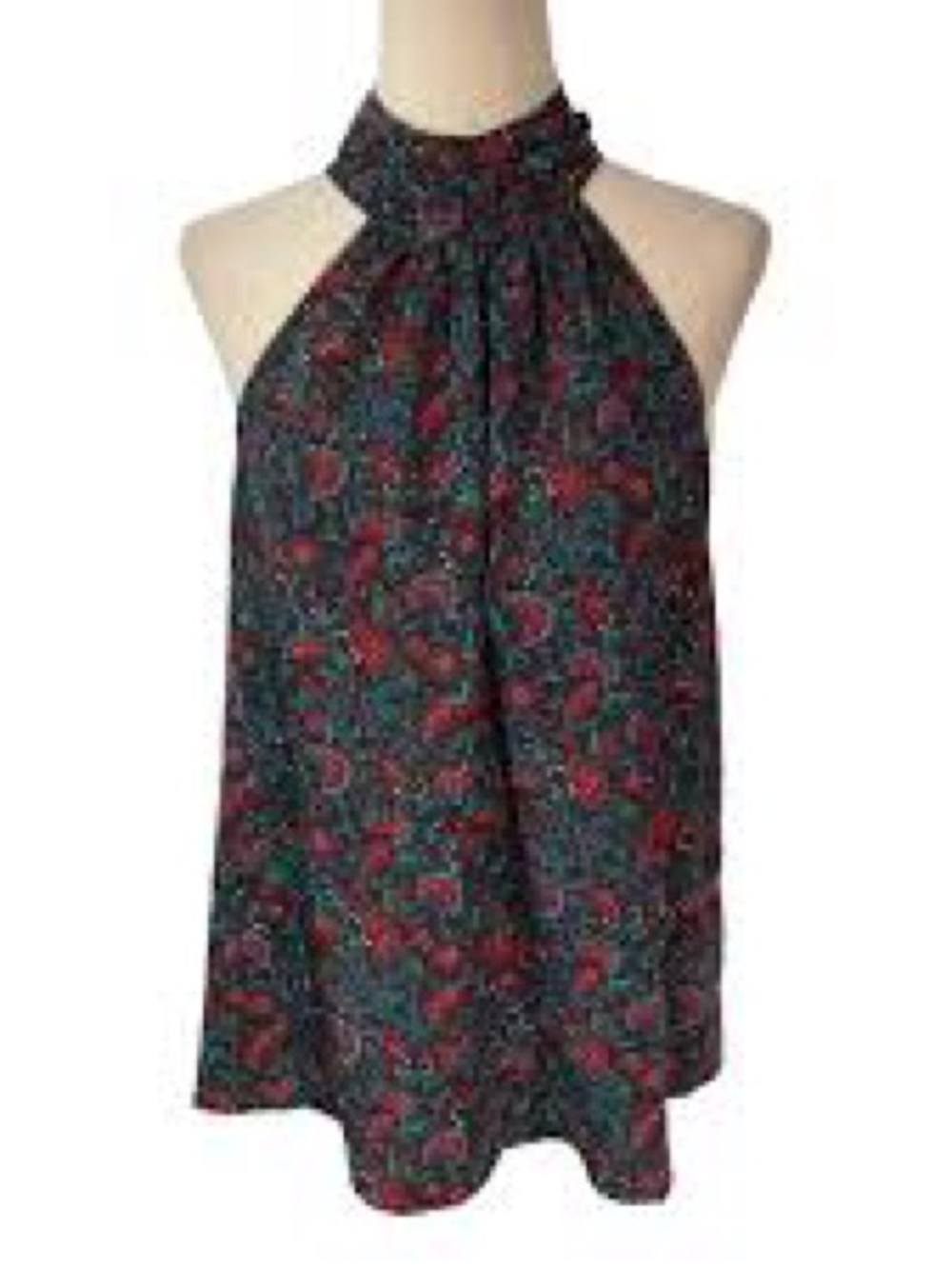 Evereve Navy Floral Print Halter Top with Red & Teal Accents